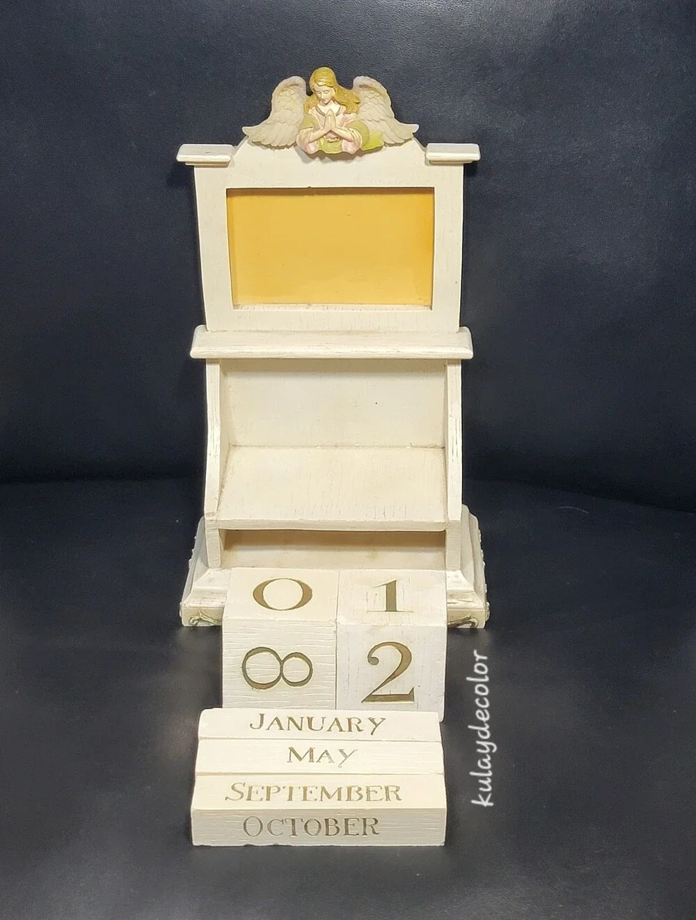 Vintage Praying Angel Perpetual Block Calendar Photo Frame Desk Distressed Decor